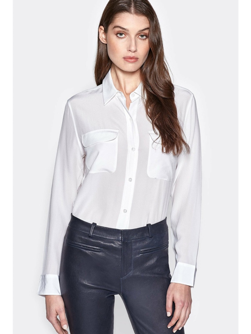 376. Equipment Silk Signature Shirt White Button-Down Shirt with Chest Pockets